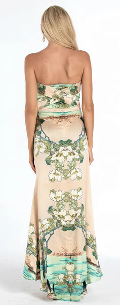 JAPANESE GARDEN LONG PRINT STRAPLESS GOWN - Green Multi