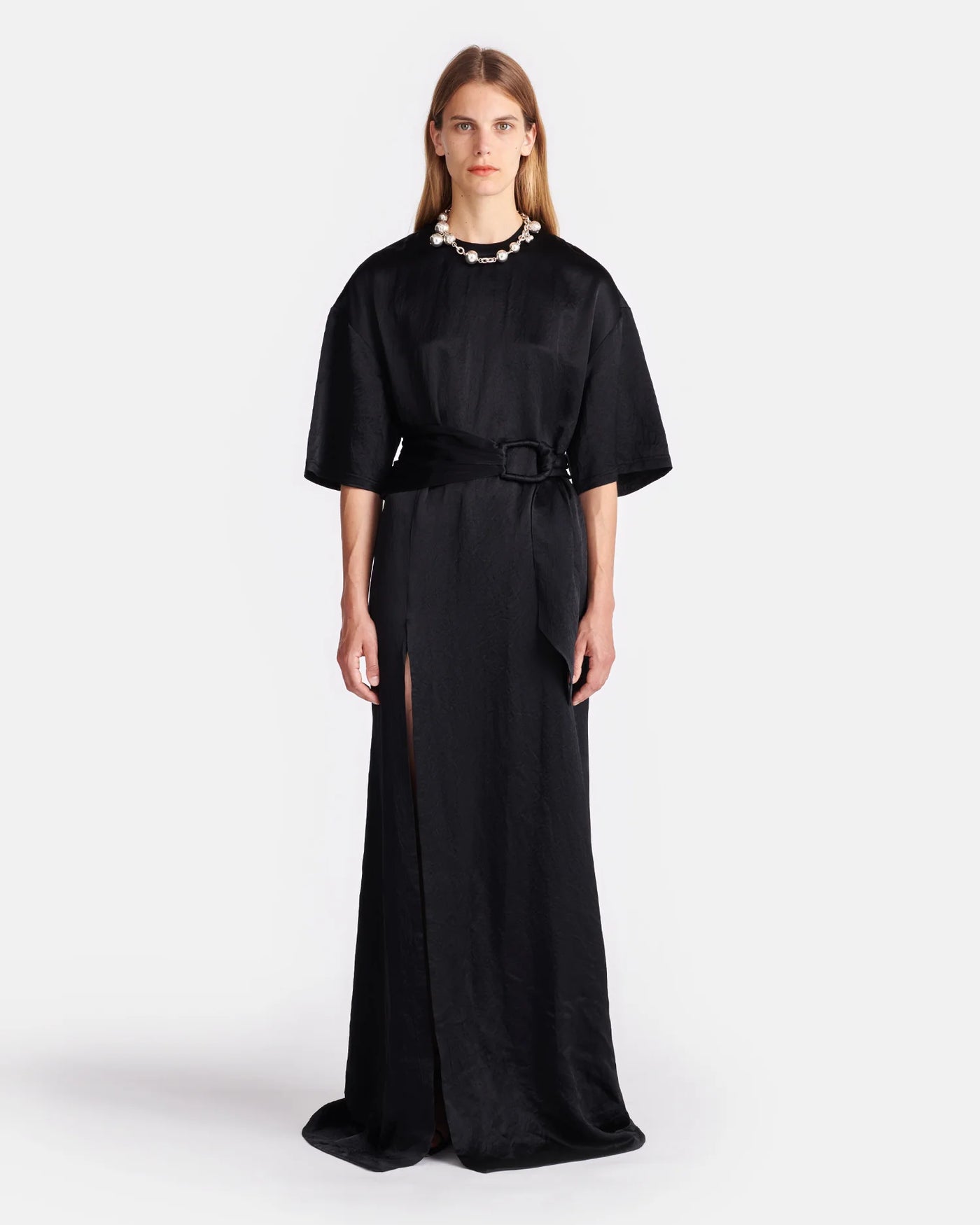 Maelys Belted Crinkled-Satin Maxi Dress - Black