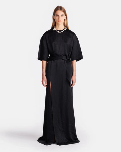 Maelys Belted Crinkled-Satin Maxi Dress - Black