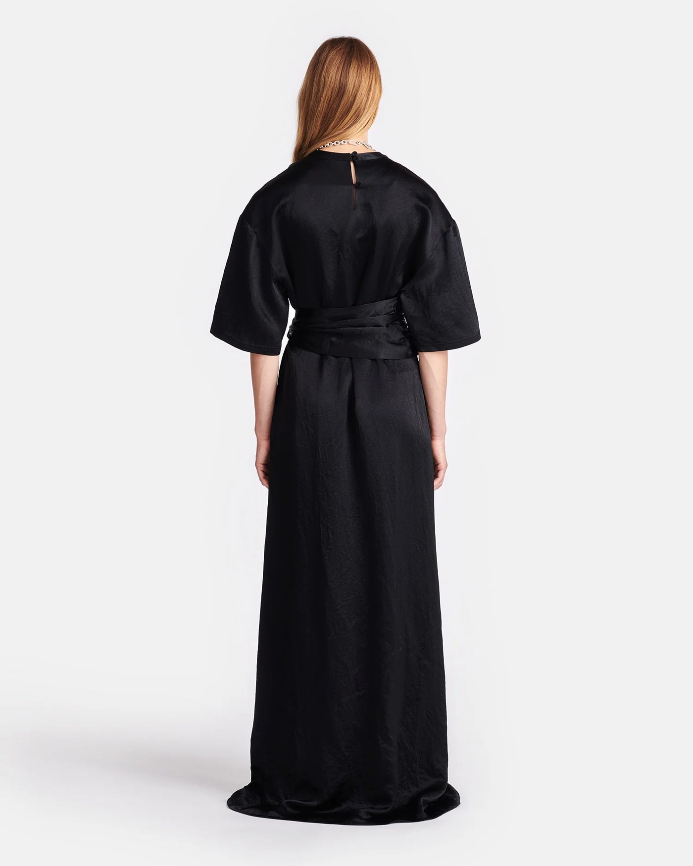 Maelys Belted Crinkled-Satin Maxi Dress - Black