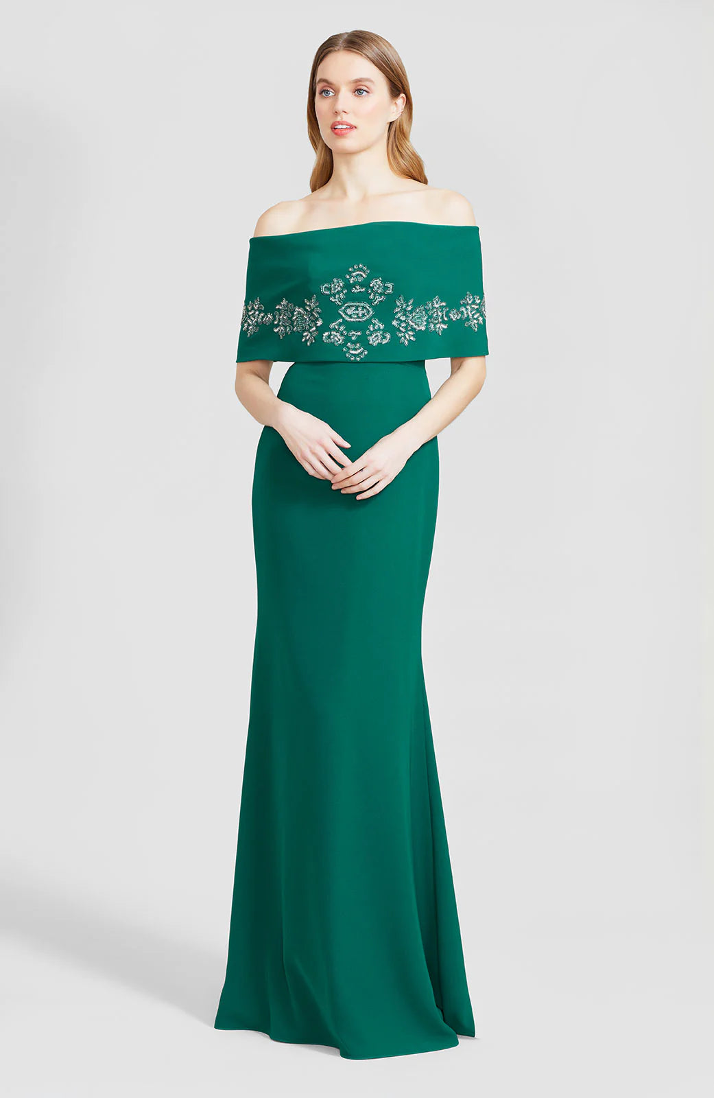 Embroidered Fluid Crepe Off The Shoulder Gown - Forest