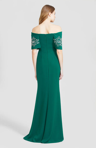 Embroidered Fluid Crepe Off The Shoulder Gown - Forest