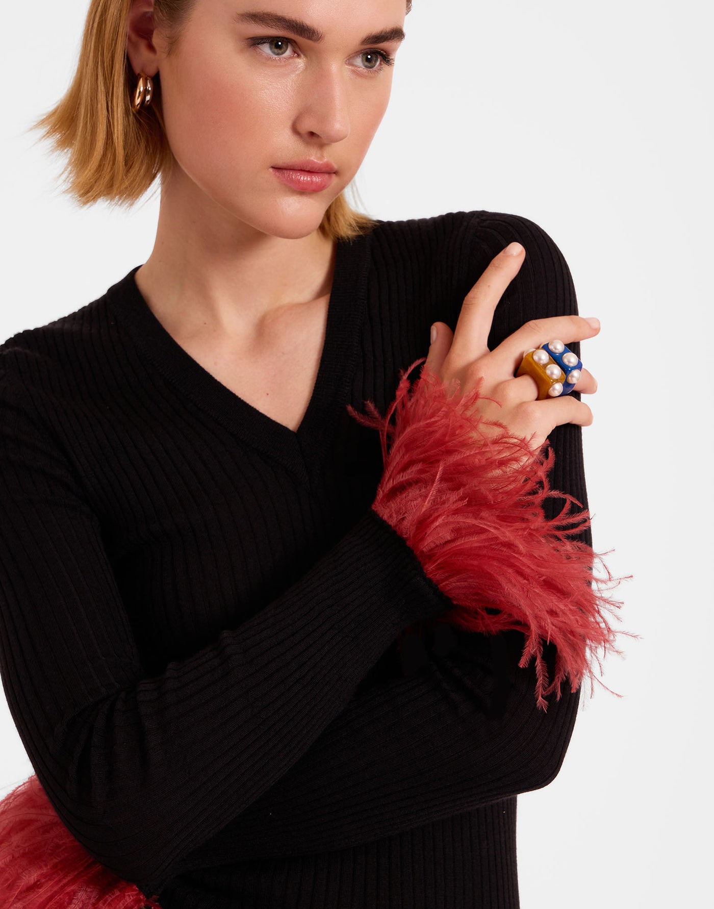 V-Neck High Kick Top - Solid Black in Ribbed Silk Cashmere With Feathers