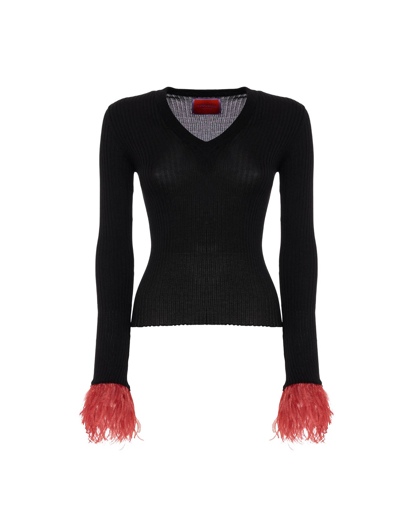 V-Neck High Kick Top - Solid Black in Ribbed Silk Cashmere With Feathers