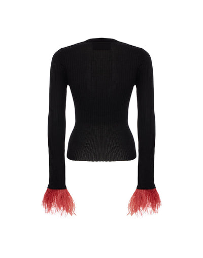 V-Neck High Kick Top - Solid Black in Ribbed Silk Cashmere With Feathers