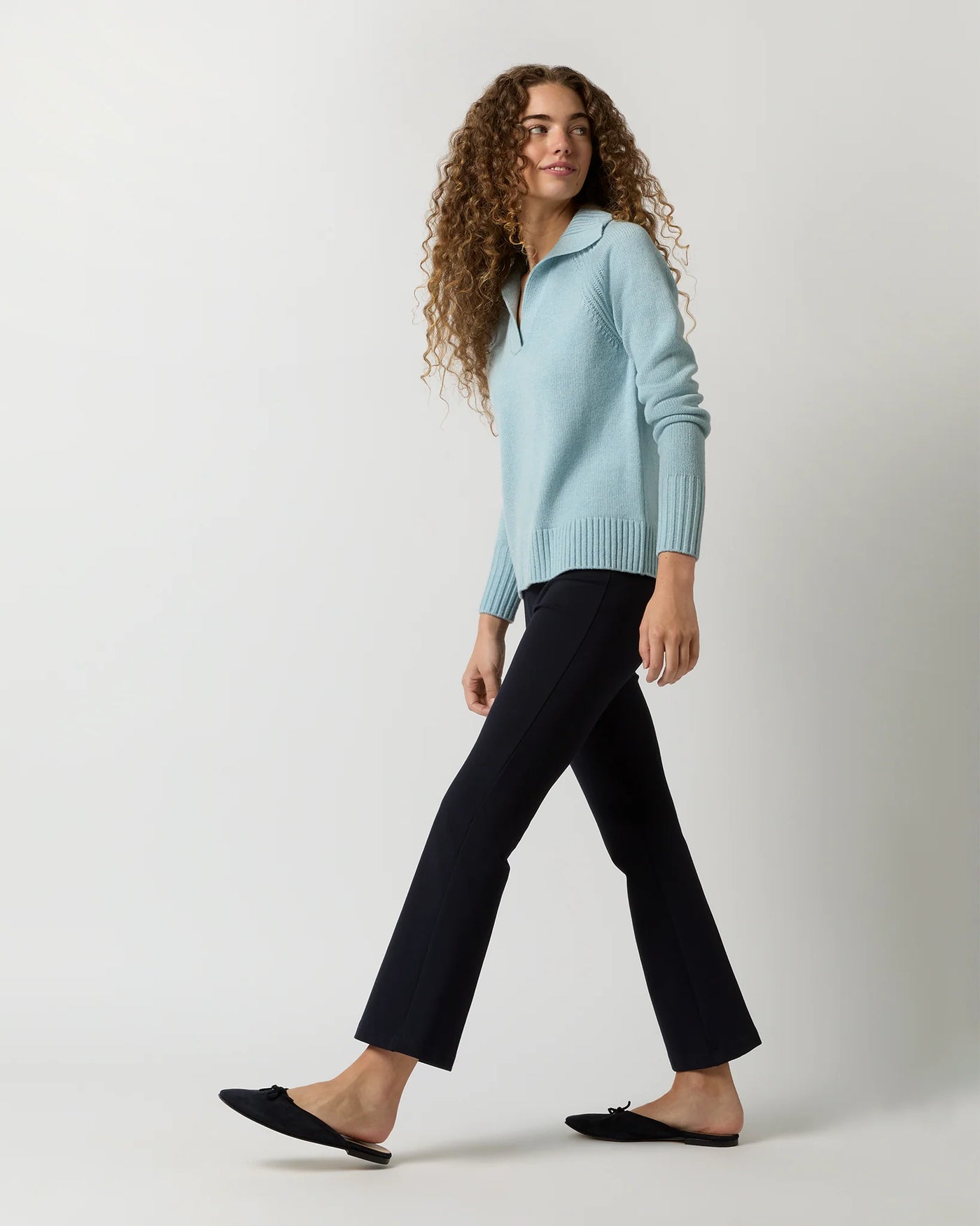 Blaire Johnny-Collar Jersey Sweater - Heather Sky Cashmere