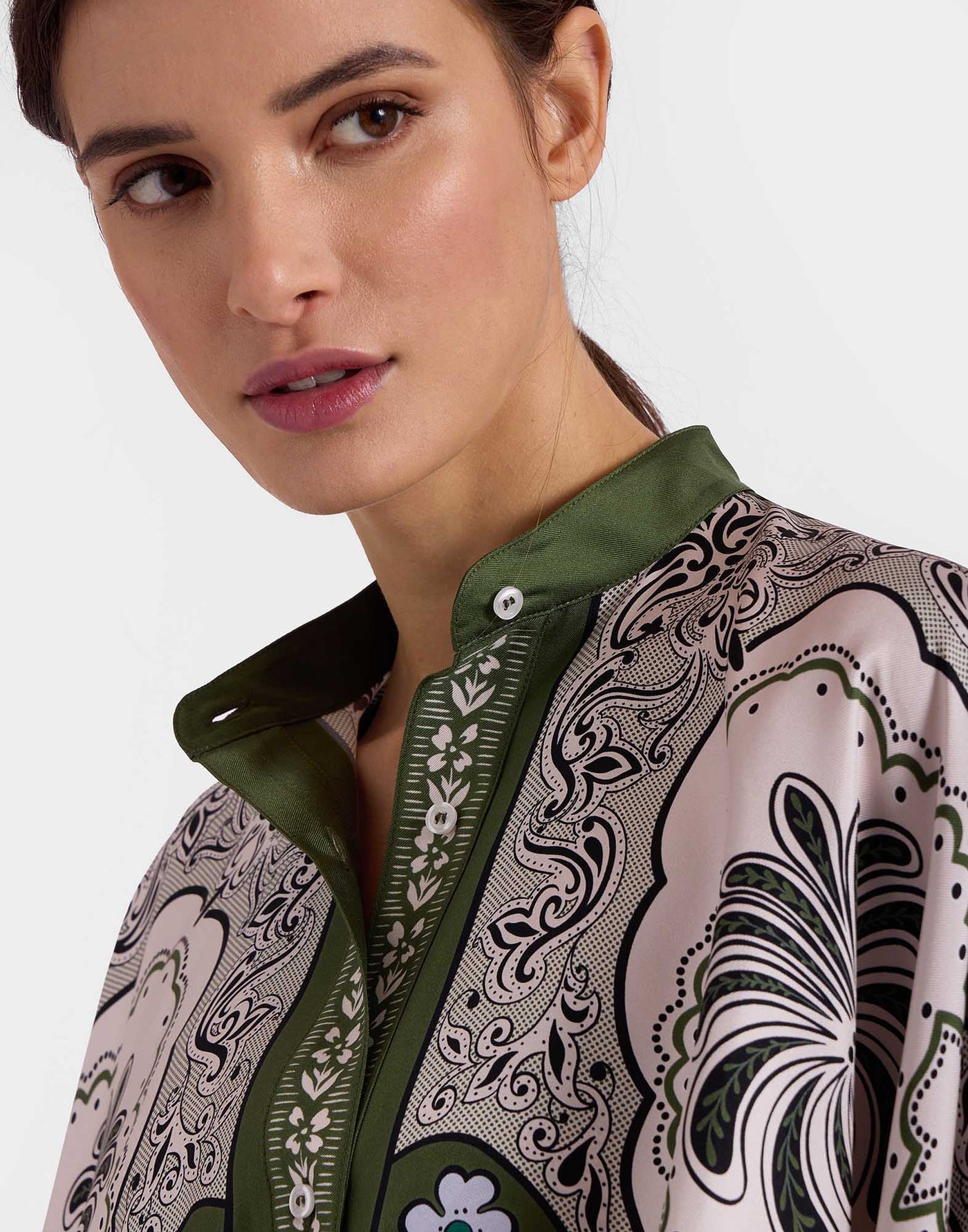 Foulard Shirt - Mirage Placée Green in Silk Twill