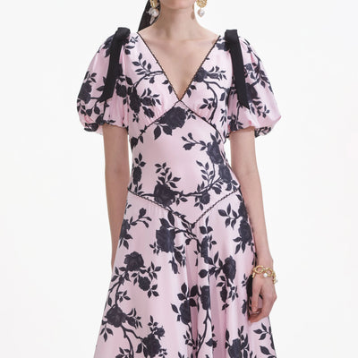 SATIN FLORAL MIDI DRESS - Pink