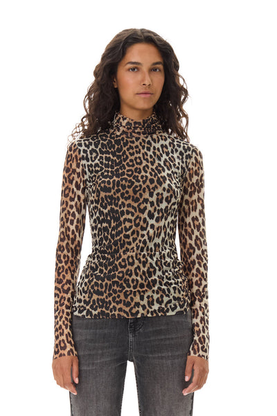 Printed Mesh Long Sleeve Rollneck - Leopard