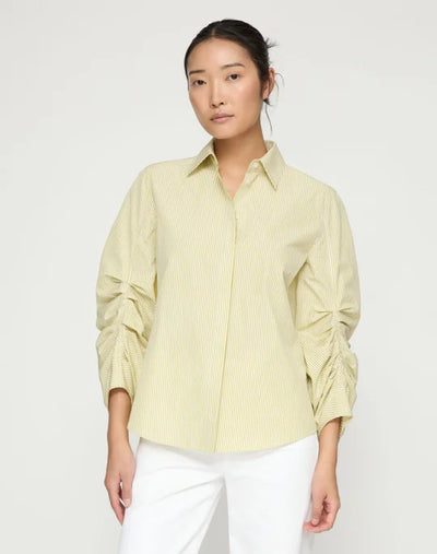 Stripe Cotton Ruched Sleeve Buttoned Shirt - Chartreuse Multi