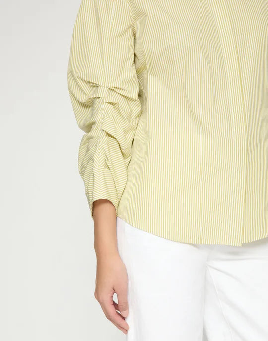 Stripe Cotton Ruched Sleeve Buttoned Shirt - Chartreuse Multi