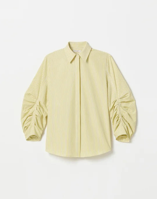 Stripe Cotton Ruched Sleeve Buttoned Shirt - Chartreuse Multi