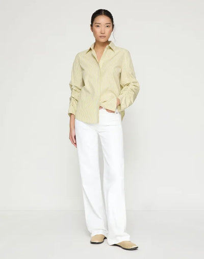 Stripe Cotton Ruched Sleeve Buttoned Shirt - Chartreuse Multi