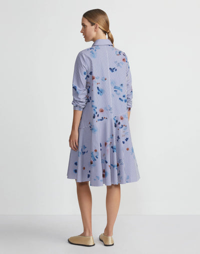 Paint Splatter Print Stripe Cotton Flounced Shirtdress - Sky Multi