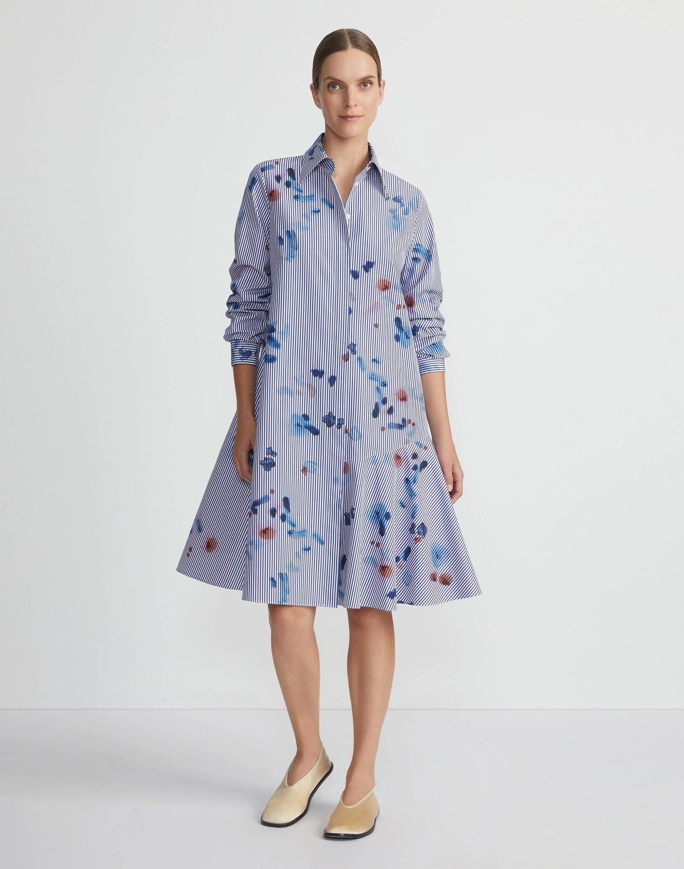 Paint Splatter Print Stripe Cotton Flounced Shirtdress - Sky Multi