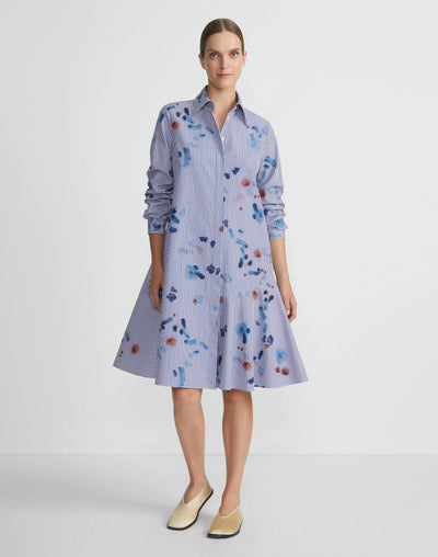 Paint Splatter Print Stripe Cotton Flounced Shirtdress - Sky Multi