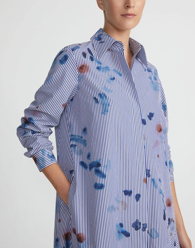 Paint Splatter Print Stripe Cotton Flounced Shirtdress - Sky Multi