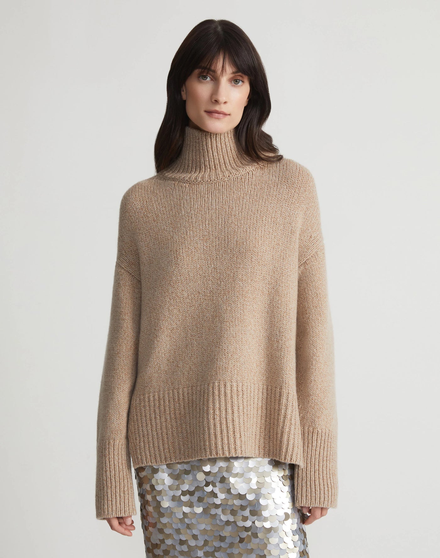 Lofty Cashmere-Wool Stand Collar Sweater - Camel Multi